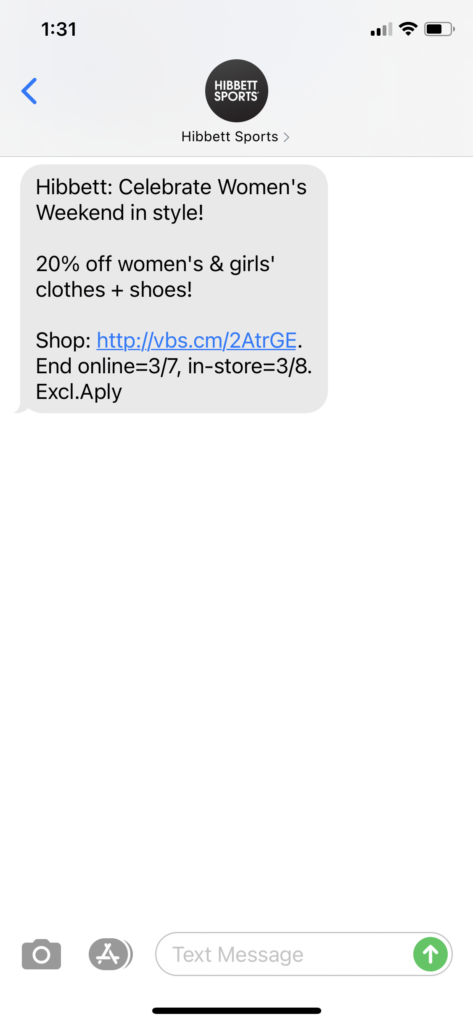 Hibbett Text Message Marketing Example - 03.06.2021