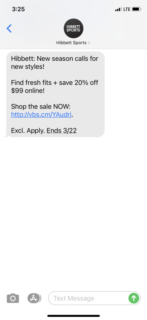 Hibbett Text Message Marketing Example - 03.21.2021