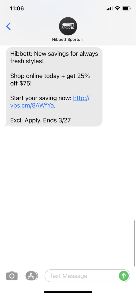 Hibbett Text Message Marketing Example - 03.25.2021