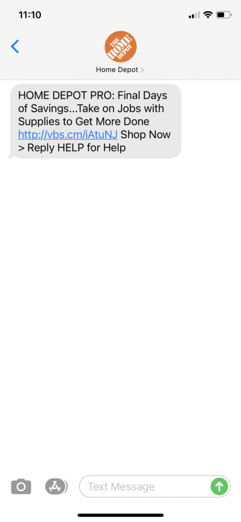 Home Depot Text Message Marketing Example - 03.15.2021