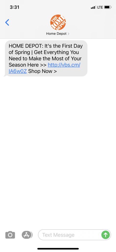 Home Depot Text Message Marketing Example - 03.20.2021