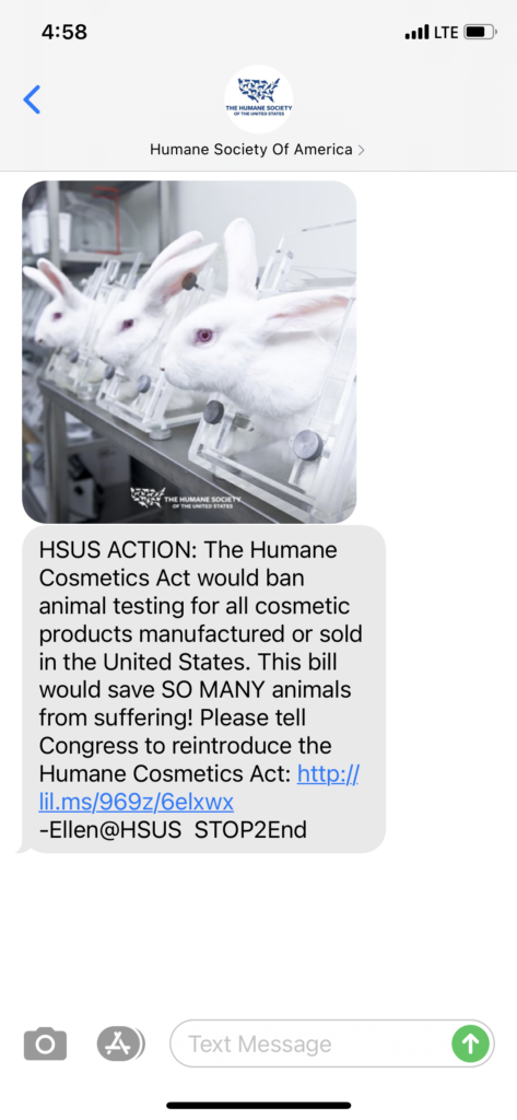 Humane Society of America Text Message Marketing Example - 03.10.2021