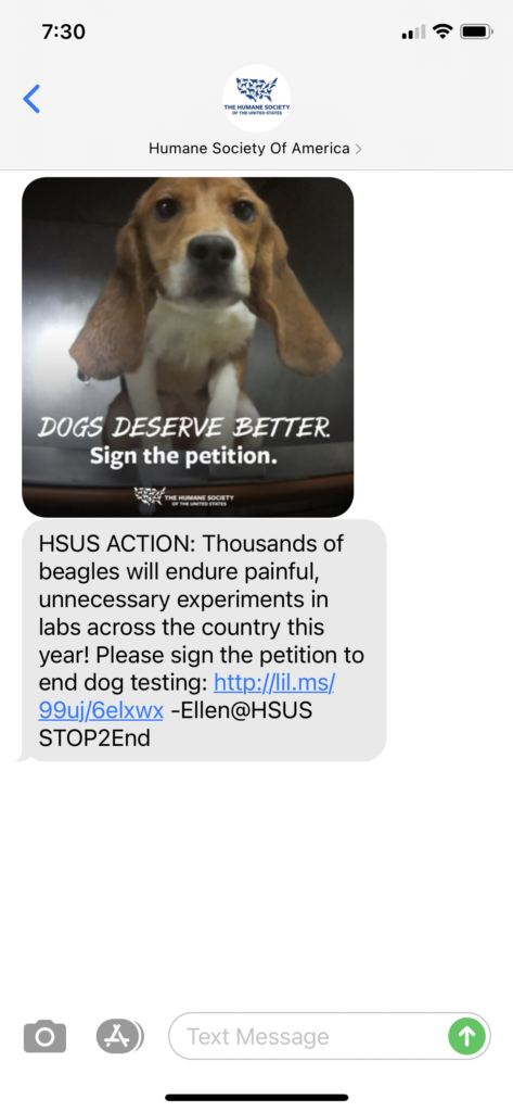 Humane Society of America Text Message Marketing Example - 03.16.2021