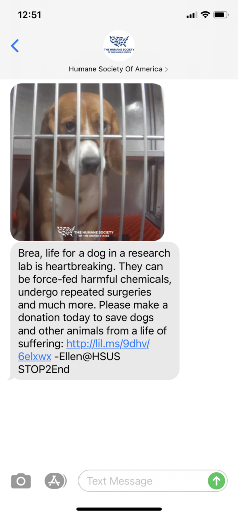 Humane Society of America Text Message Marketing Example - 03.23.2021