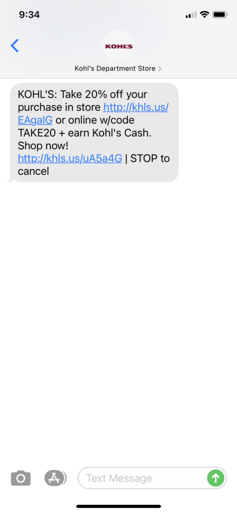 Kohl's Text Message Marketing Example - 03.11.2021