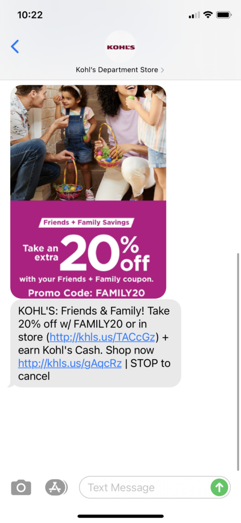 Kohl's Text Message Marketing Example - 03.18.2021