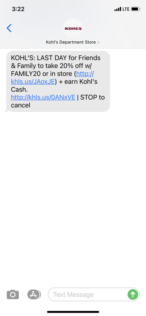 Kohl's Text Message Marketing Example - 03.21.2021