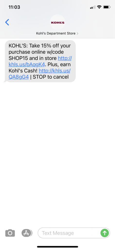 Kohl's Text Message Marketing Example - 03.25.2021