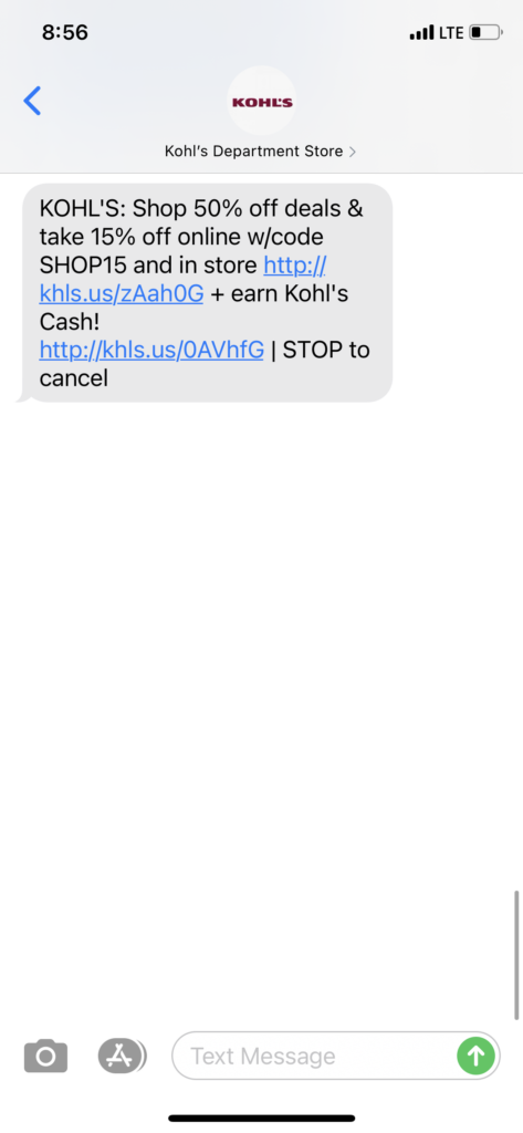 Kohl's Text Message Marketing Example - 03.28.2021