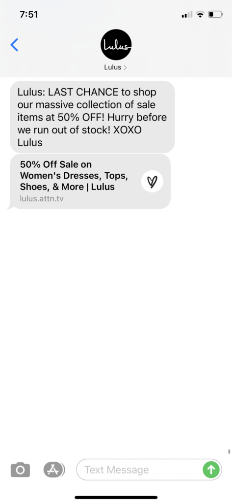 Lulus Text Message Marketing Example - 02.28.2021
