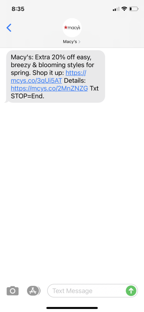 Macy's Text Message Marketing Example - 02.26.2021