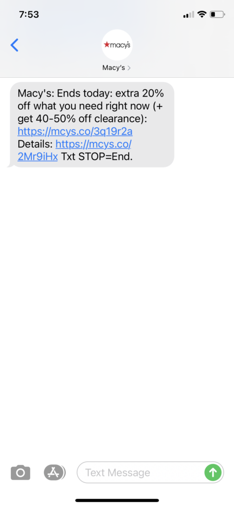 Macy's Text Message Marketing Example - 02.28.2021