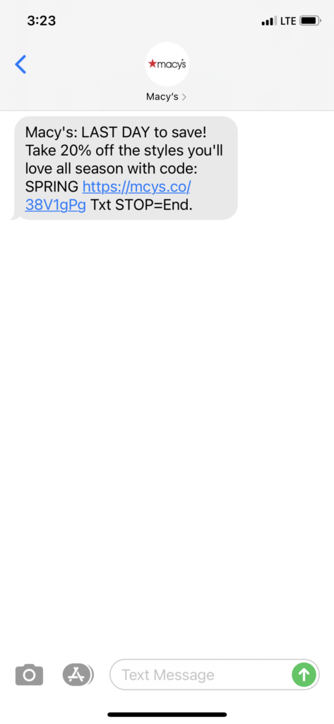 Macy's Text Message Marketing Example - 03.21.2021