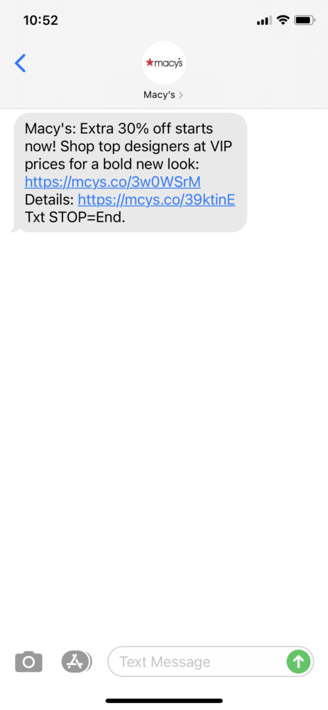 Macy's Text Message Marketing Example - 03.26.2021