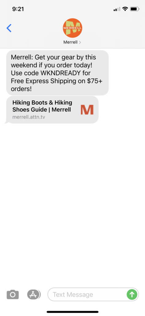Merrell Text Message Marketing Example - 03.09.2021