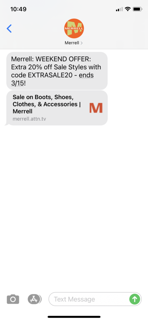 Merrell Text Message Marketing Example - 03.12.2021