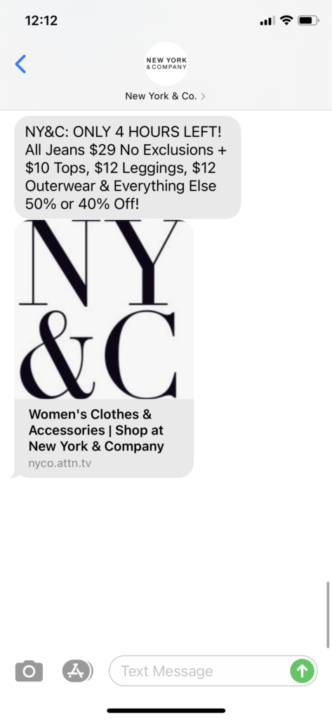 New York & Co Text Message Marketing Example - 03.07.2021