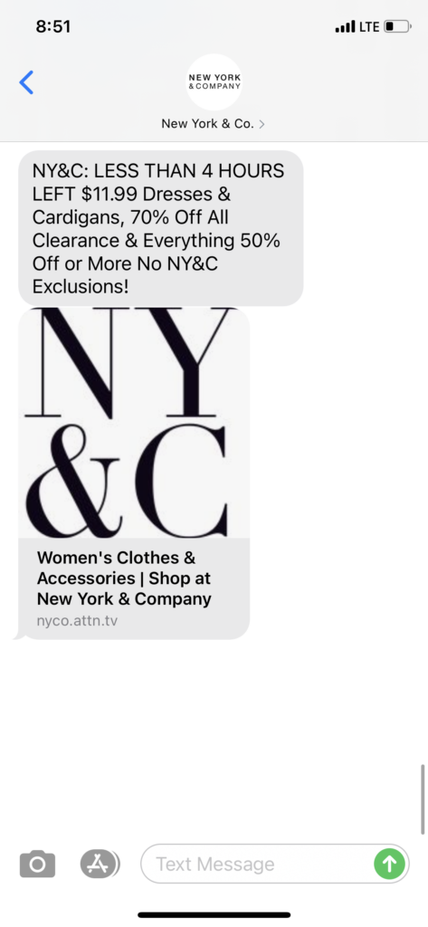 New York & Co Text Message Marketing Example - 03.28.2021