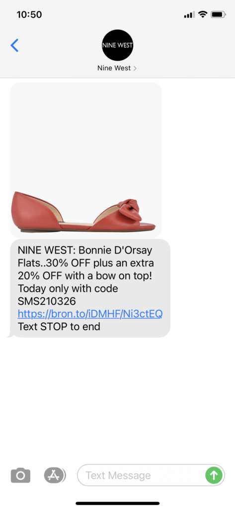 Nine West Text Message Marketing Example - 03.26.2021