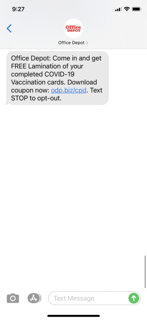 Office Depot Text Message Marketing Example - 03.30.2021