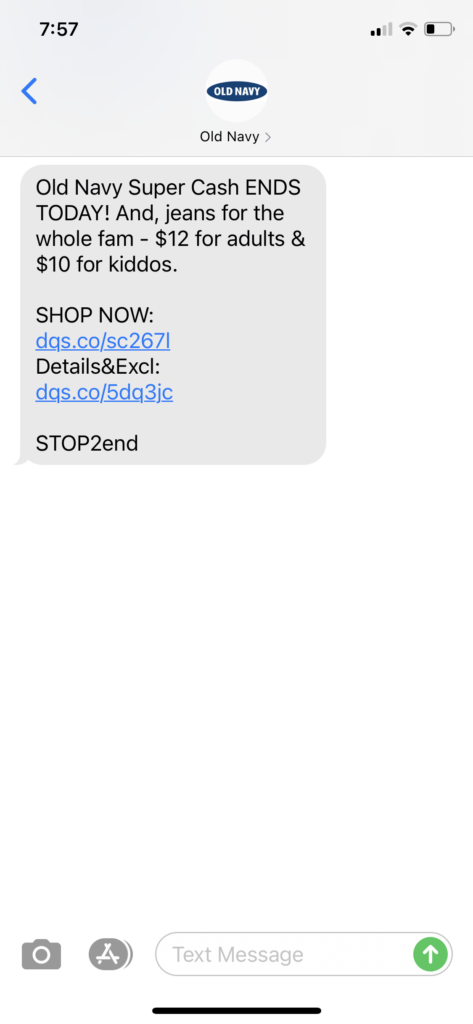 Old Navy Text Message Marketing Example - 02.28.2021