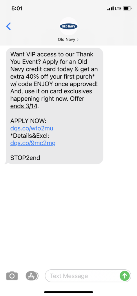 Old Navy Text Message Marketing Example - 03.10.2021