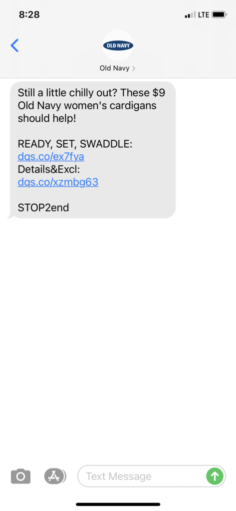 Old Navy Text Message Marketing Example - 03.13.2021