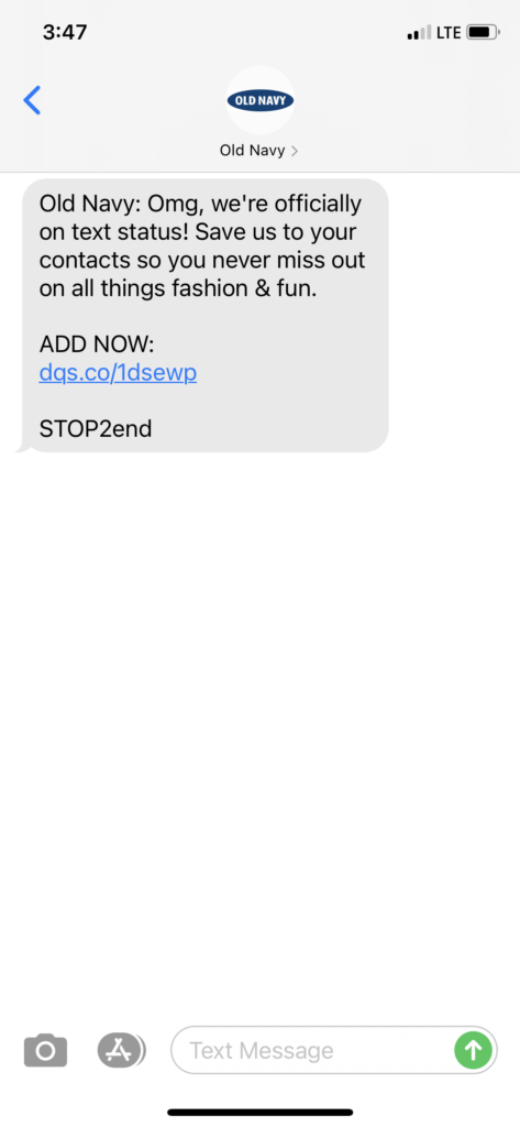 Old Navy Text Message Marketing Example - 03.19.2021