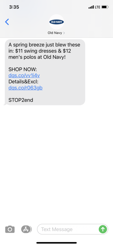 Old Navy Text Message Marketing Example - 03.20.2021