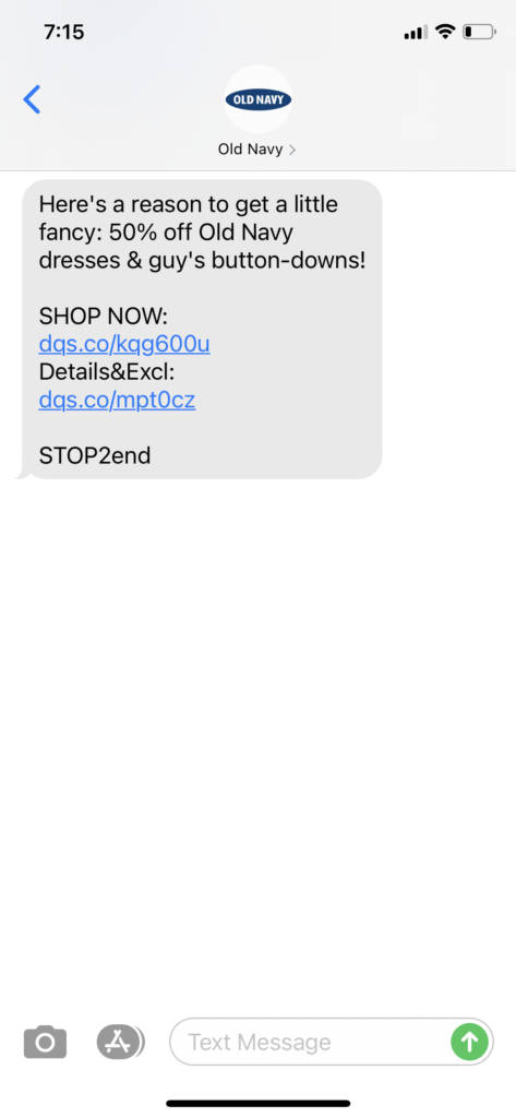 Old Navy Text Message Marketing Example - 03.27.2021