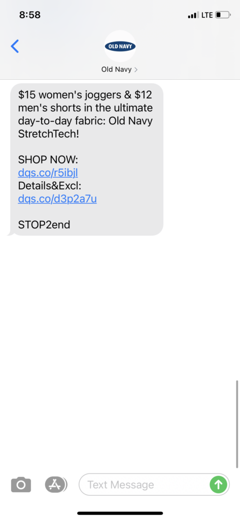 Old Navy Text Message Marketing Example - 03.28.2021