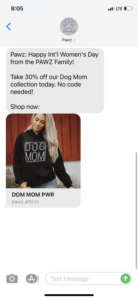 PAWZ Text Message Marketing Example - 03.08.2021