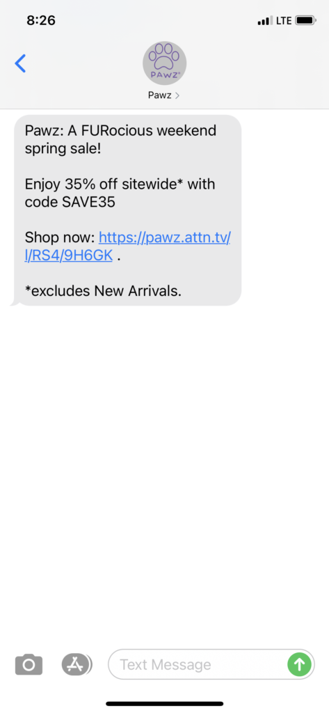 PAWZ Text Message Marketing Example - 03.13.2021