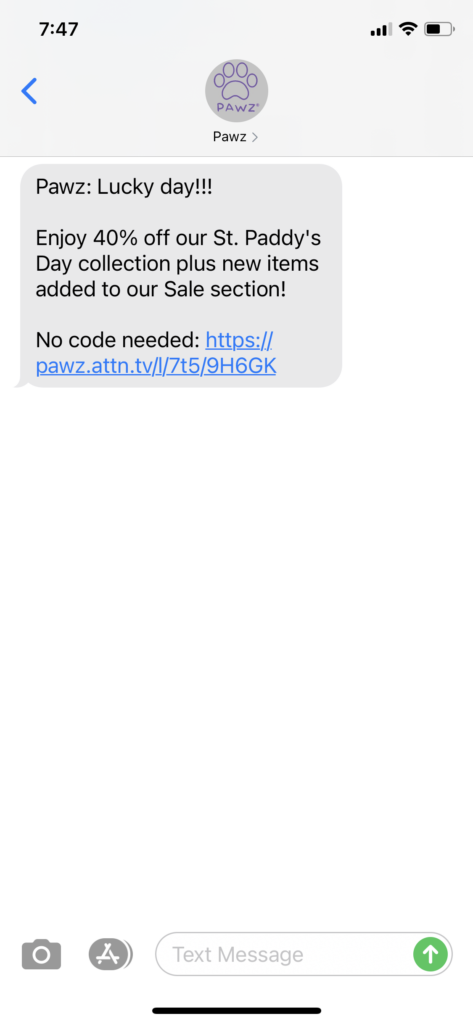 PAWZ Text Message Marketing Example - 03.17.2021