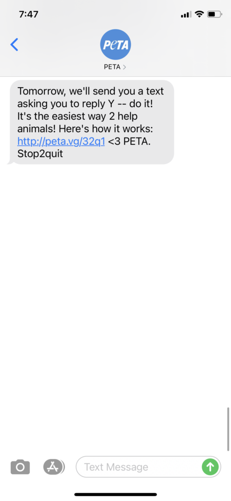 PETA Text Message Marketing Example - 03.17.2021