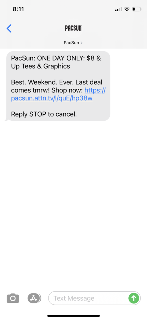 PacSun Text Message Marketing Example - 02.27.2021