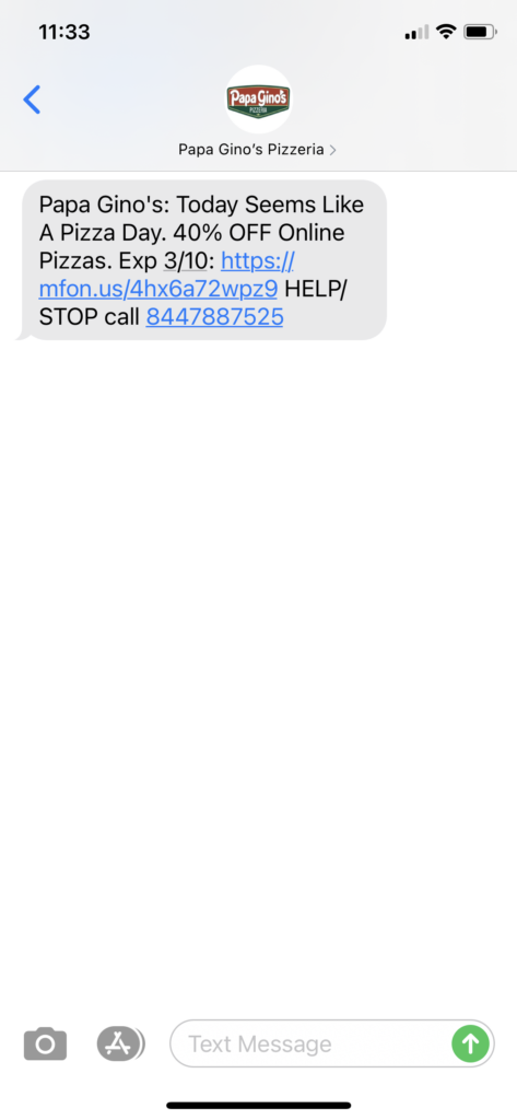 Papa Gino's Text Message Marketing Example - 03.08.2021