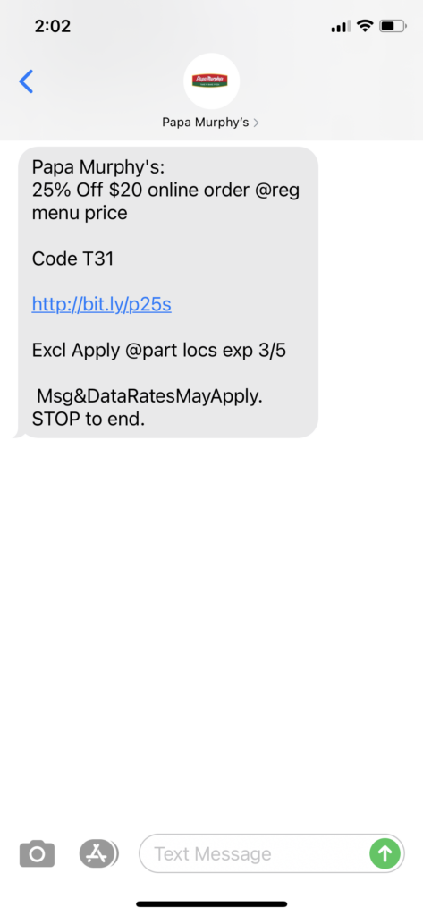 Papa Murphy's Text Message Marketing Example - 03.04.2021