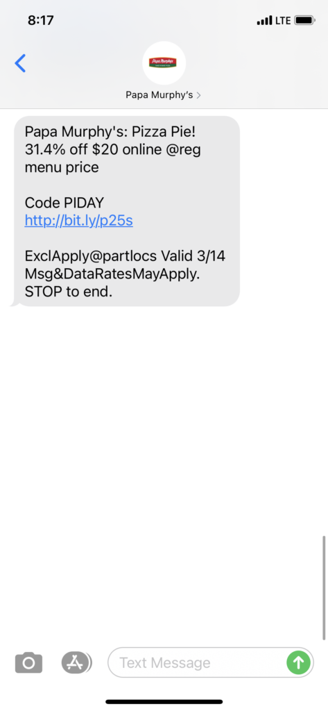 Papa Murphy's Text Message Marketing Example - 03.14.2021