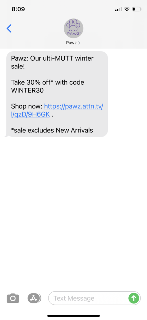 Pawz Text Message Marketing Example - 02.27.2021