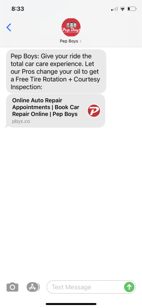 Pep Boys Text Message Marketing Example - 02.26.2021