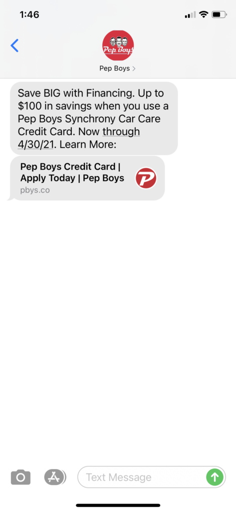 Pep Boys Text Message Marketing Example - 03.05.2021