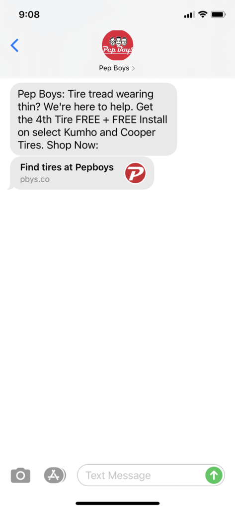 Pep Boys Text Message Marketing Example - 03.12.2021