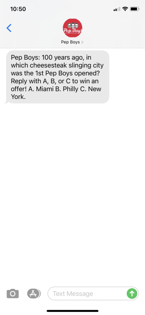 Pep Boys Text Message Marketing Example - 03.26.2021