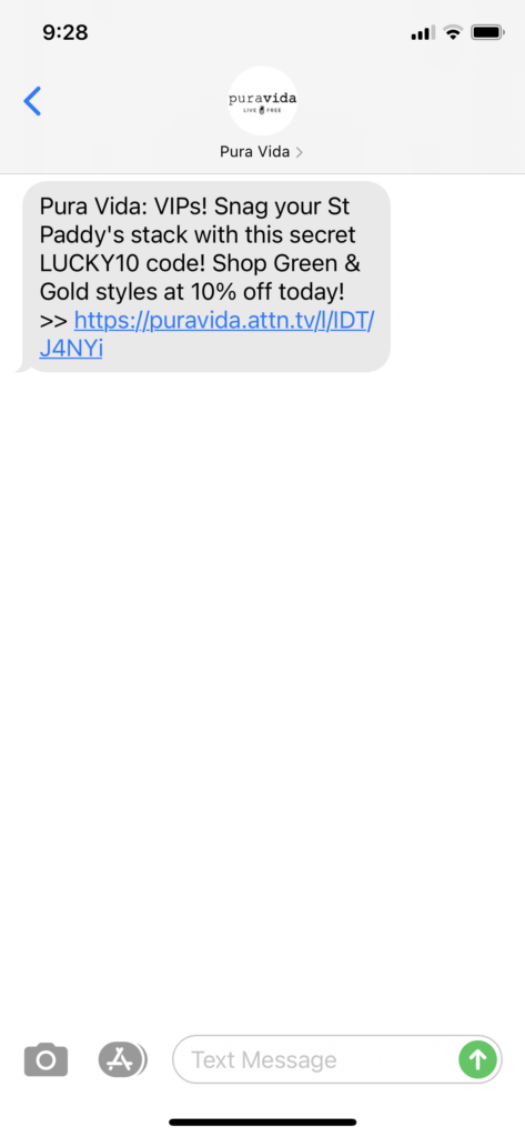 Pura Vida Text Message Marketing Example - 03.01.2021