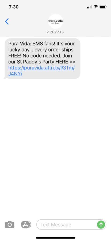 Pura Vida Text Message Marketing Example - 03.16.2021