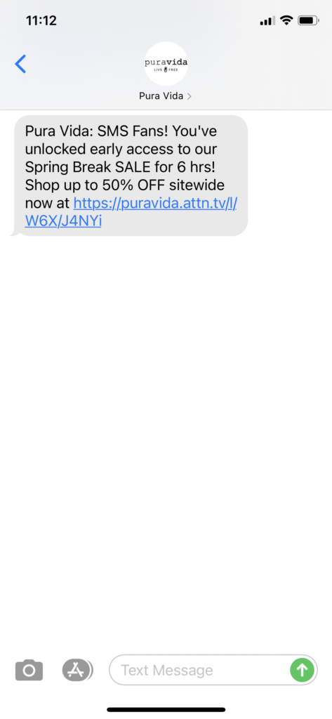 Pura Vida Text Message Marketing Example - 03.24.2021