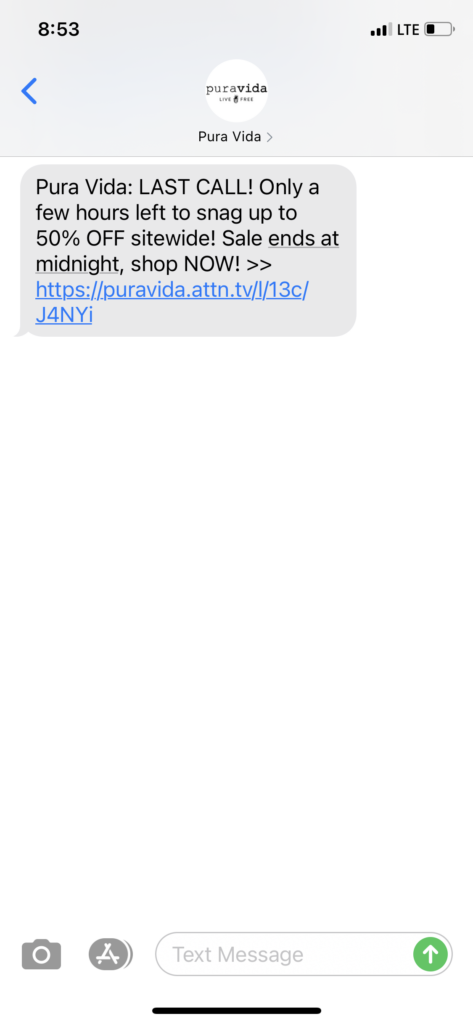 Pura Vida Text Message Marketing Example - 03.28.2021