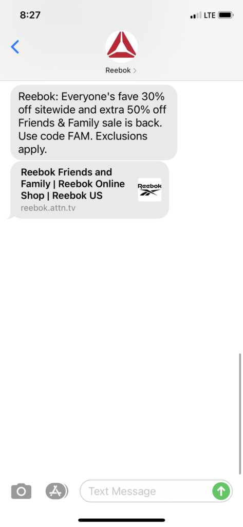 Reebok Text Message Marketing Example - 03.13.2021