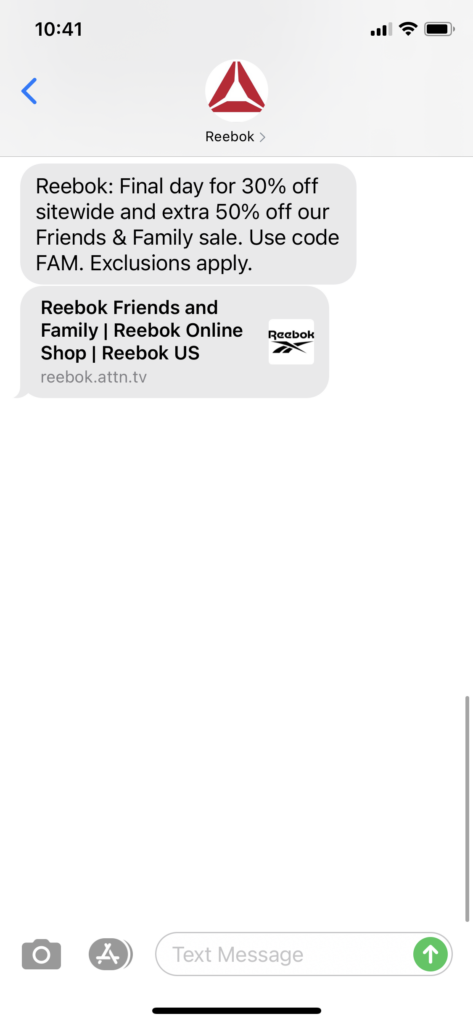 Reebok Text Message Marketing Example - 03.29.2021